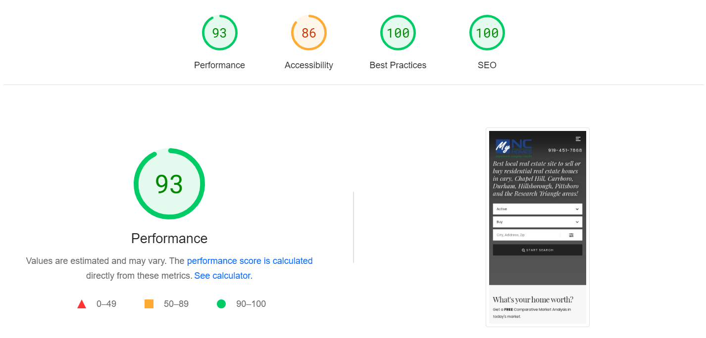 Screenshot of Google PageSpeed Insights showing a fast site